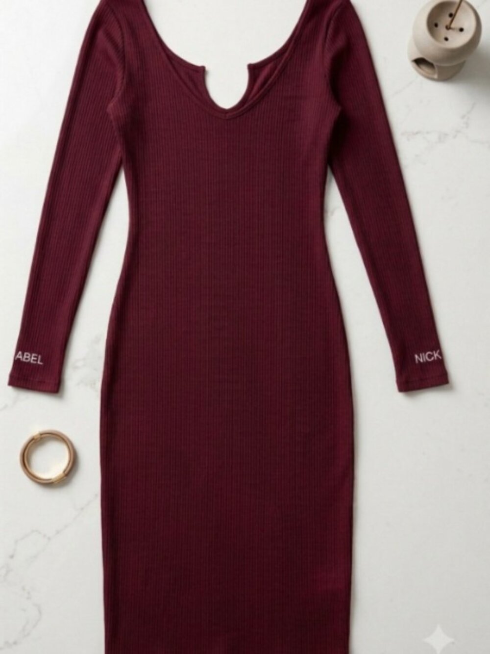 Ribbed V-Notch Long Sleeve Midi Dress – Wine
